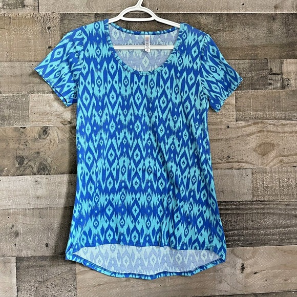LuLaRoe Womens XXS‎ Teal Blue Short Sleeve Top High Low Geometric Striped Print - Picture 1 of 4
